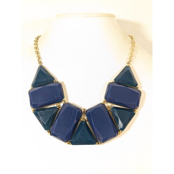 Blue Cabochon Statement Necklace Geometric Bold Gold Tone 18" - Picture 1 of 8